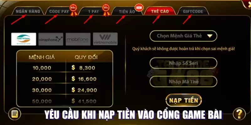 Yêu cầu khi nạp tiền vào cổng game bài